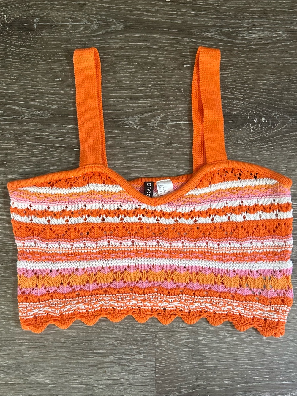Small Divided Orange Pink White Open‎ Knit Crop Top 100% Cotton